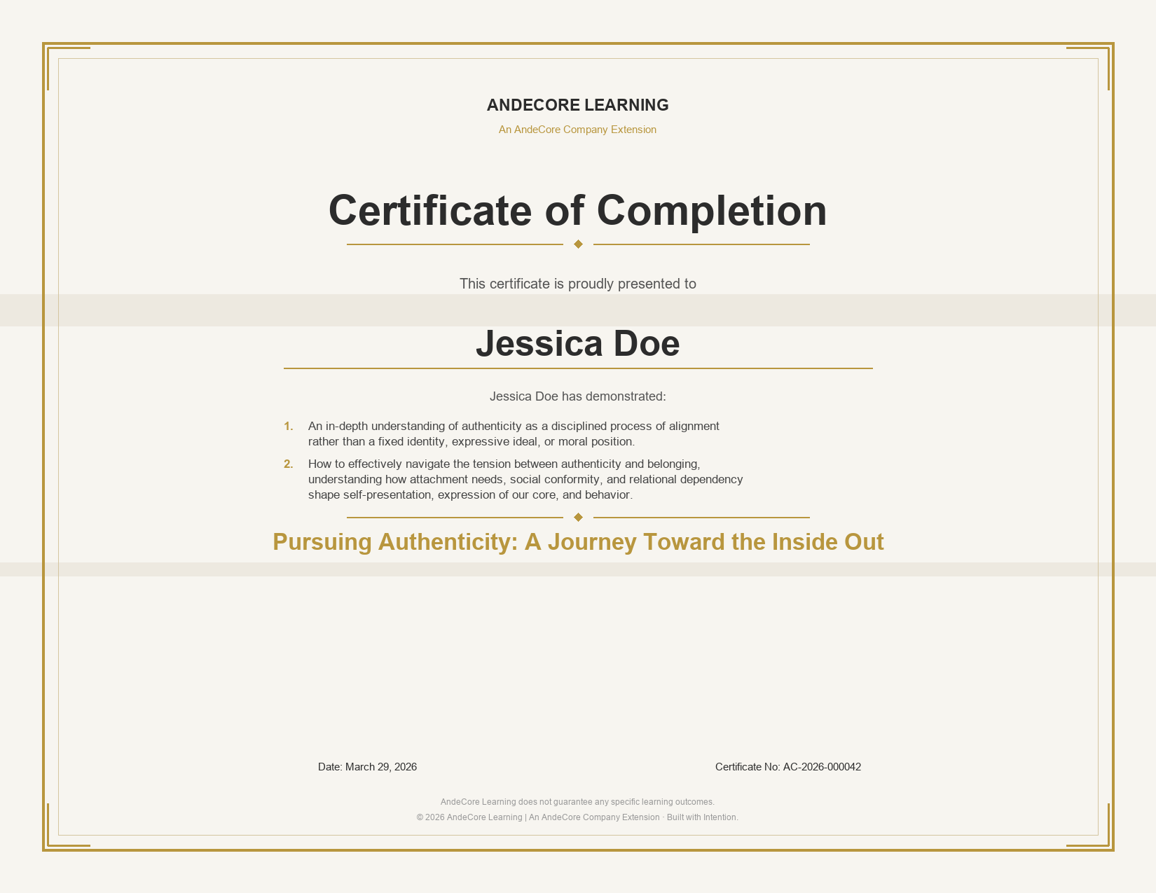 Example AndeCore Learning Certificate of Completion